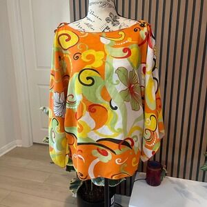 Dalin Womens Orange Floral‎ Print Long Sleeve Tunic Blouse Top L boho artsy febe
